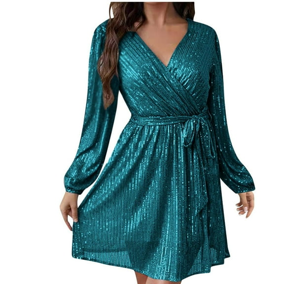 BLTIBY Womens Sequin Dress Lantern Long Sleeve V Neck Cocktail Party Dress Plus Size Dresses Wedding Guest with Belt Green 3XL