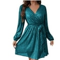 thumbnail image 1 of BLTIBY Womens Sequin Dress Lantern Long Sleeve V Neck Cocktail Party Dress Plus Size Dresses Wedding Guest with Belt Green S, 1 of 4
