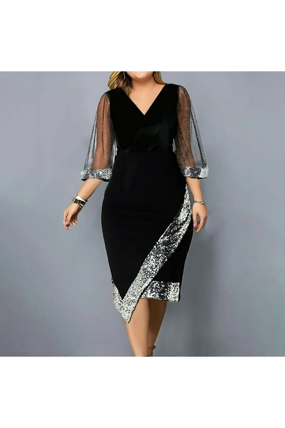 Womens Sequin Dress Plus Size Elegant V Neck Wrap Velvet Mesh Half Sleeve Irregular Dresses Formal Evening Party Midi Dresses Black 3XL
