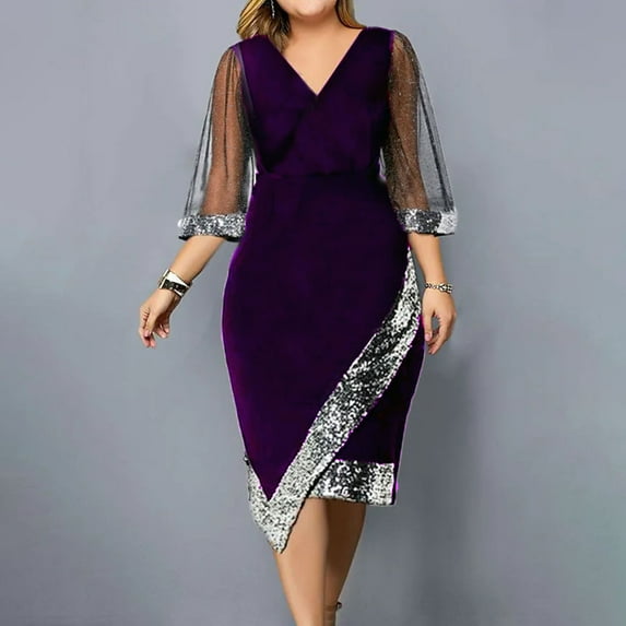 BLTIBY Womens Sequin Dress Plus Size Elegant V Neck Wrap Velvet Mesh Half Sleeve Irregular Dresses Formal Evening Party Midi Dresses Purple S