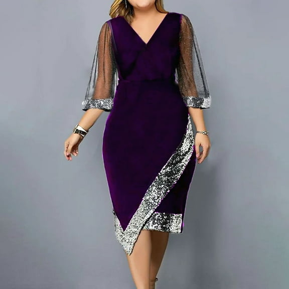 BLTIBY Womens Sequin Dress Plus Size Elegant V Neck Wrap Velvet Mesh Half Sleeve Irregular Dresses Formal Evening Party Midi Dresses Purple XL