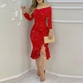 thumbnail image 1 of BLTIBY Womens Sequin Dress Solid Color Sparkly Glitter Off Shoulder Long Sleeve Cocktail Evening Party Elegant Maxi Long Dress Red M, 1 of 5