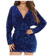 thumbnail image 1 of BLTIBY Womens Sequin Evening Dress Hip Wrap V-Neck Ruched Waist Long Sleeve Glitter Cocktail Party Slim Formal Gown Fashion Elegant Dress Blue L, 1 of 4