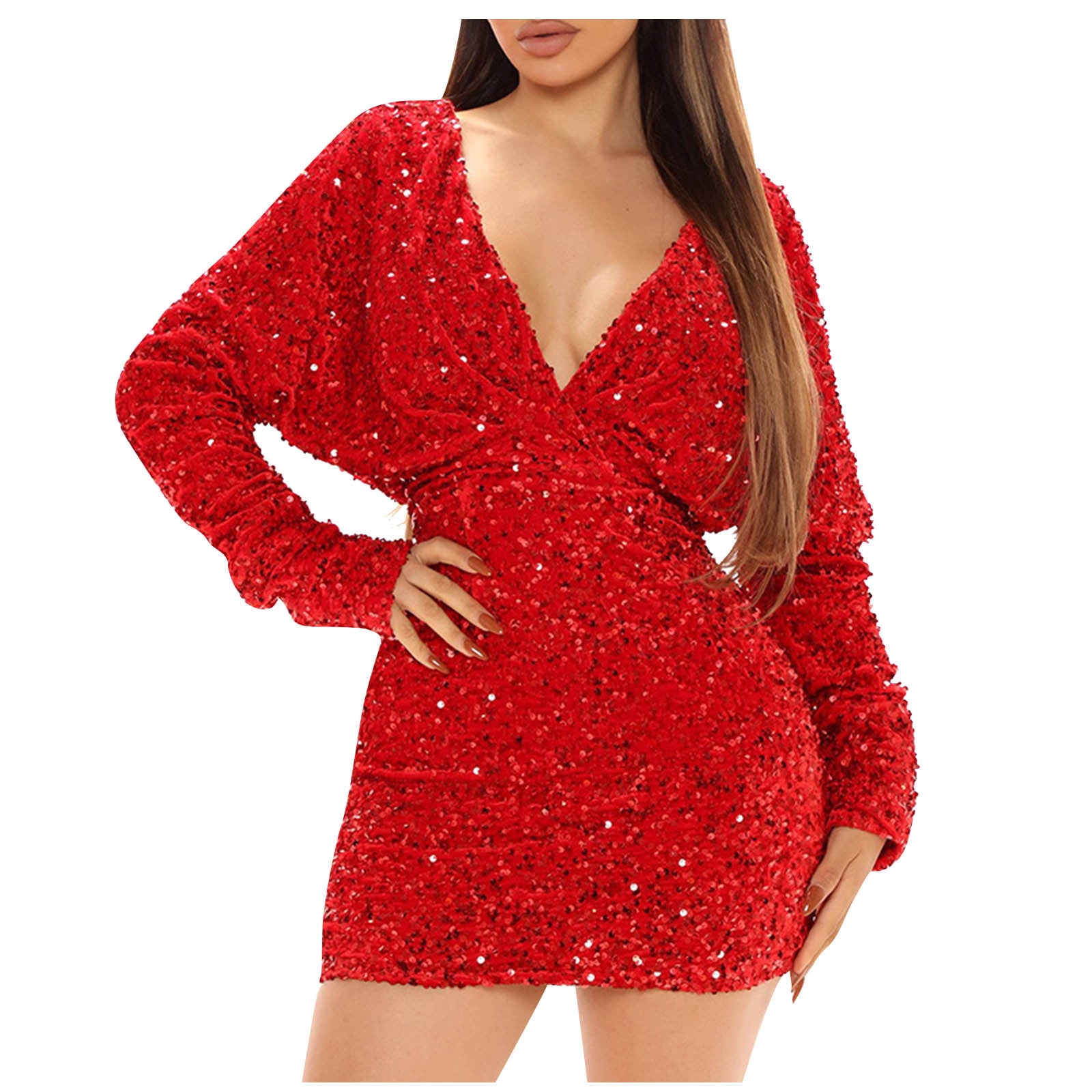 red glitter wrap dress BLTIBY Womens Sequin Evening Hip V-Neck Ruched Waist Long Sleeve Cocktail Party Slim Formal Gown Fashion Elegant Dress L Cinched