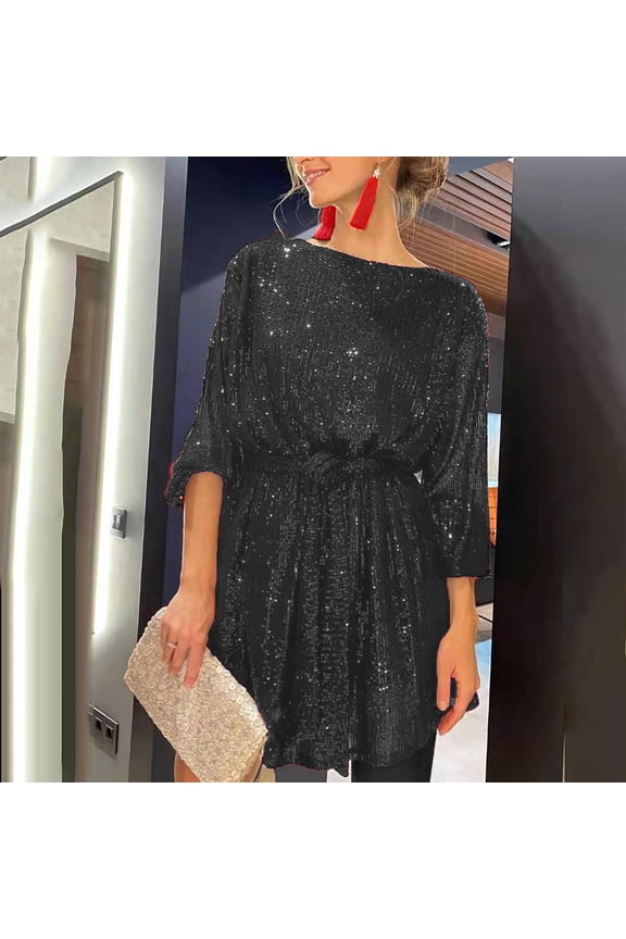 Womens Sequin Party Club Dress Long Sleeve Mini Shirt Dress with Belt Cocktail Sparkly Round Neck Dresses Gray XL