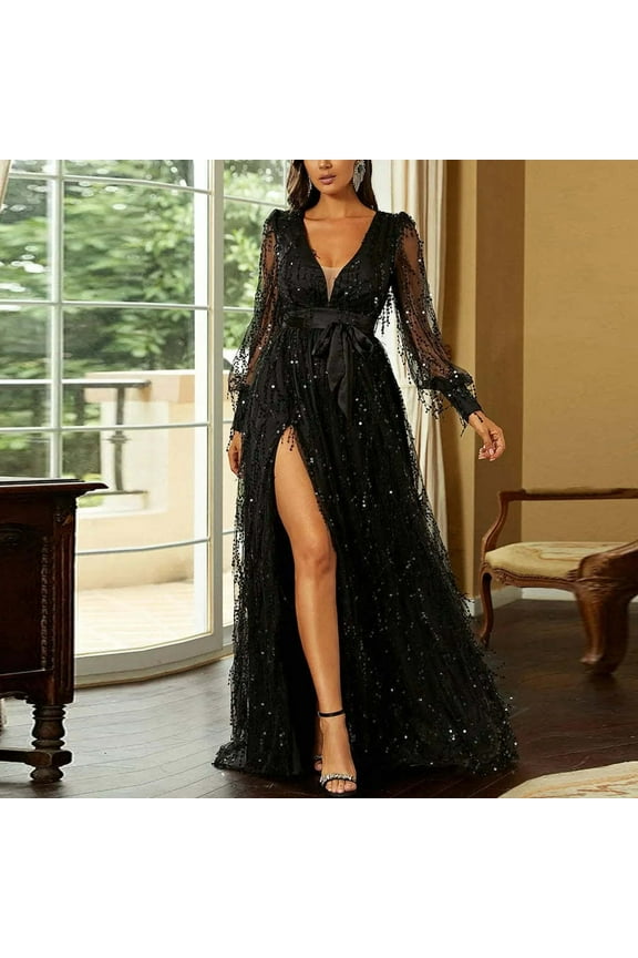 Womens Sequin Prom Dresses Deep V Neck Glitter Long Sleeve Evening Party Gowns with Slit Fashion Elegant Long Maxi Dress with Belt Black XL
