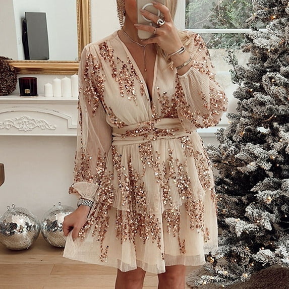 BLTIBY Womens Sequin Prom Dresses Deep V Neck Glitter Long Sleeve Waist Evening Party Gowns Fashion Elegant Short Dress Beige XL
