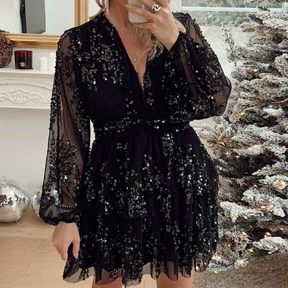 BLTIBY Womens Sequin Prom Dresses Deep V Neck Glitter Long Sleeve Waist Evening Party Gowns Fashion Elegant Short Dress Black XL