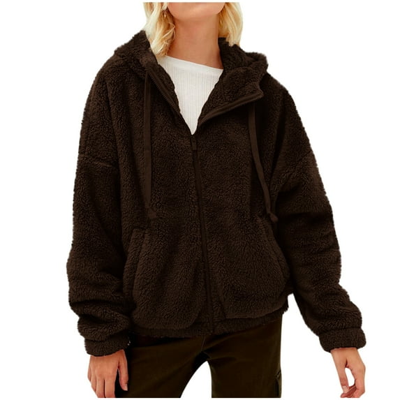 BLTIBY Womens Sherpa Jacket 2024 Fall Winter Solid Colour Casual Fashion Long Sleeve Drawstring Full Zip Padded Coats Hooded Fuzzy Fleece Outwears with Pockets Brown M