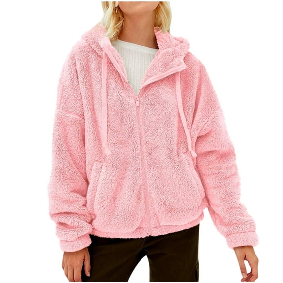 BLTIBY Womens Sherpa Jacket 2024 Fall Winter Solid Colour Casual Fashion Long Sleeve Drawstring Full Zip Padded Coats Hooded Fuzzy Fleece Outwears with Pockets Pink XL