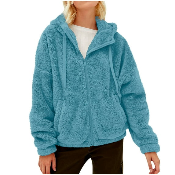 BLTIBY Womens Sherpa Jacket 2024 Fall Winter Solid Colour Casual Fashion Long Sleeve Drawstring Full Zip Padded Coats Hooded Fuzzy Fleece Outwears with Pockets Sky Blue XXL