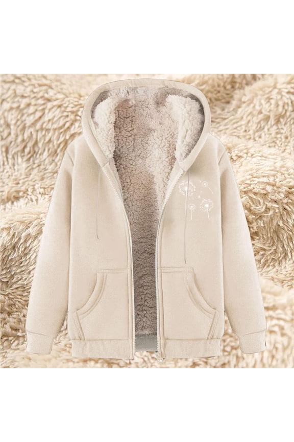 Womens Sherpa Jacket Fall Winter Printed Casual Fashion Long Sleeve Drawstring Full Zip Padded Coats Hooded Fuzzy Fleece Outwears with Pockets 2024 Khaki M