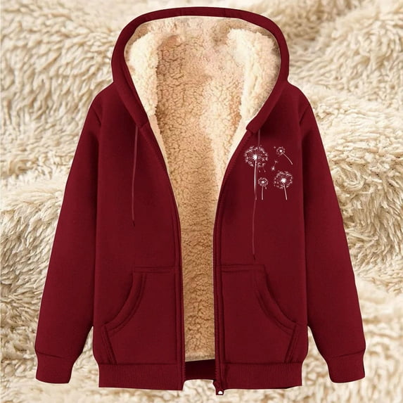 BLTIBY Womens Sherpa Jacket Fall Winter Printed Casual Fashion Long Sleeve Drawstring Full Zip Padded Coats Hooded Fuzzy Fleece Outwears with Pockets 2024 Wine 3XL