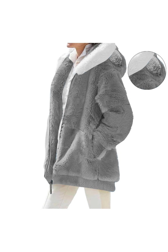 Womens Sherpa Jacket Fuzzy Zip Up Hoodie with Ear-shaped Soft Comfy Fleece Winter Warm Jacket with Pockets Gray XXL