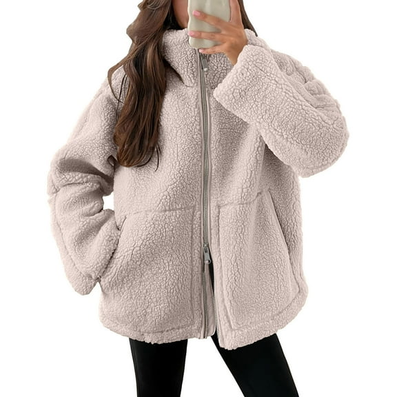 BLTIBY Womens Sherpa Jacket Winter Fall Casual Fashion Long Sleeve Button Padded Loose Coats Fuzzy Fleece Outwears with Pocket Beige XXL