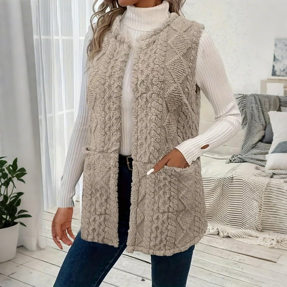 BLTIBY Womens Sherpa Knit Cardigan Vest Winter Sleeveless Fleece Open Front Sweater Stylish Warm Fuzzy Coat with Pockets Gray XL