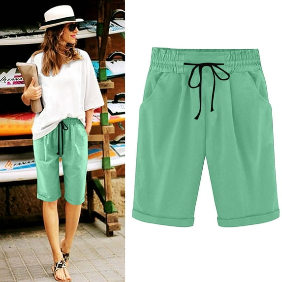 BLTIBY Womens Shorts Summer Solid Color Elastic Waist Drawstring Short Pants for Casual Walking Exercise Shorts with Pocket Fashion 2025 Mint Green L
