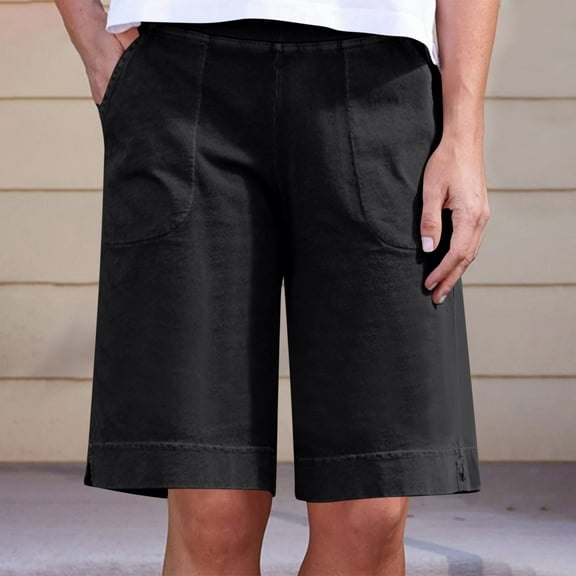 BLTIBY Womens Shorts Summer Solid Color Elastic Waist Short Pants with Pockets for Walking Exercise Casual Fashion 2025 Black S