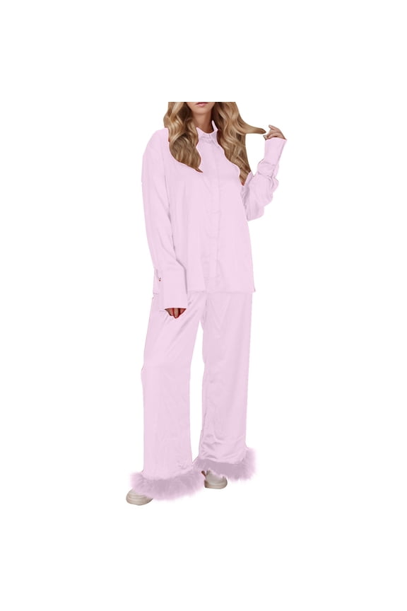 Womens Silk Feather Trim Pajamas 2 Piece Set Galentines Day Outfit Satin Long Sleeve Shirt Pants Home Clothes Pink S