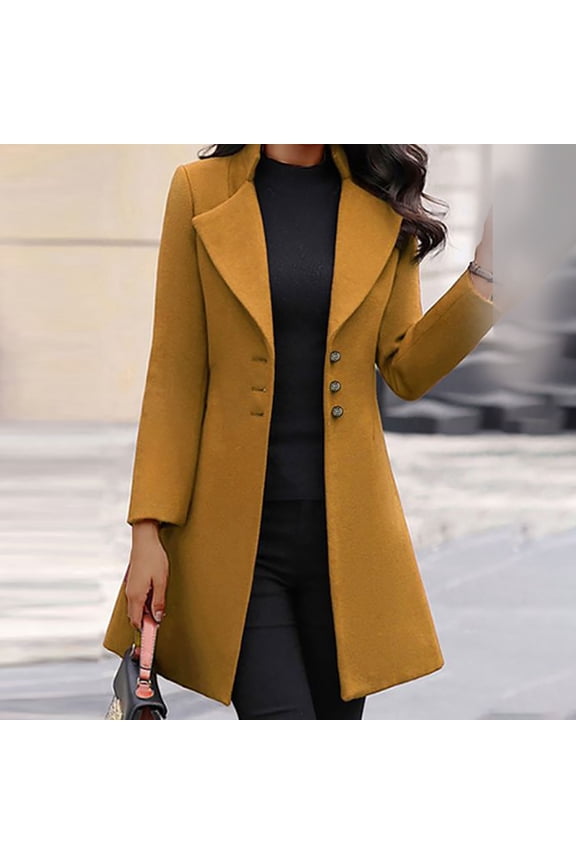 Womens Single-Breasted Coat Fall Winter Solid Color Lapel Collar Over Coats Trench Overcoat Jackets Yellow M