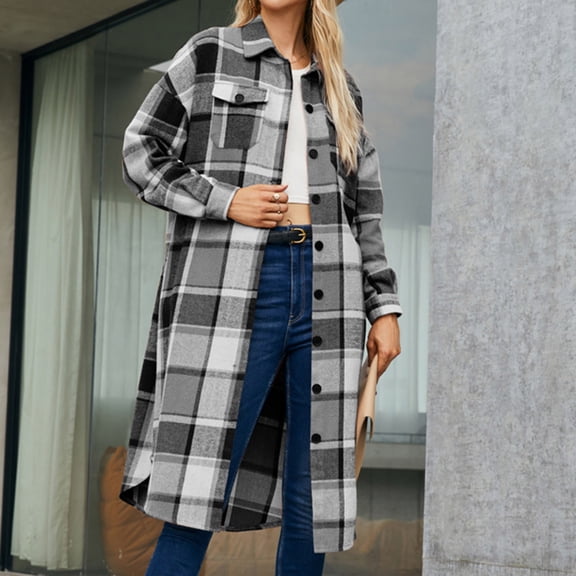 BLTIBY Womens Single-Breasted Long Coat Fall Winter Plaid Printed Lapel Collar Coats Warm Elegant Fashion Jackets with Pockets Gray M