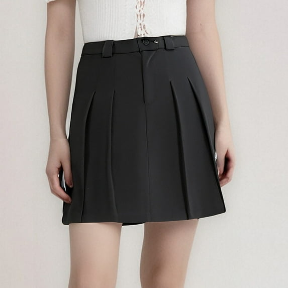 BLTIBY Womens Skirts High Waisted Solid Color A-line Pleated Mini Skater Skirt Fashion Versatile Casual Skorts with Safety Pants Black S