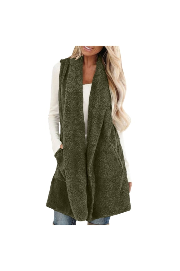 Womens Sleeveless Sherpa Vest with Pockets Winter Solid Colour Long Open Front Fleece Cardigan Sweater Fuzzy Jacket Coat Army Green M