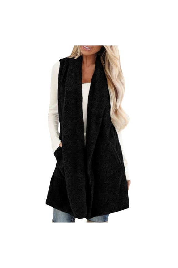 Womens Sleeveless Sherpa Vest with Pockets Winter Solid Colour Long Open Front Fleece Cardigan Sweater Fuzzy Jacket Coat Black L
