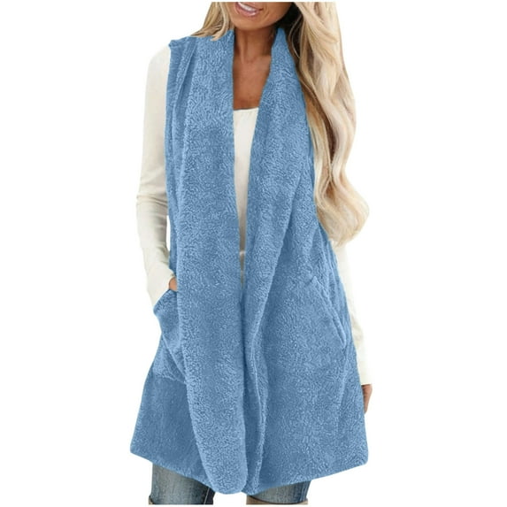 BLTIBY Womens Sleeveless Sherpa Vest with Pockets Winter Solid Colour Long Open Front Fleece Cardigan Sweater Fuzzy Jacket Coat Blue L