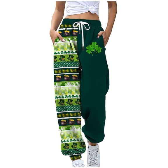 BLTIBY Womens St. Patrick's Day Jogger Pants Printed Trendy Casual Straight Wide Leg Drawstring Trousers Fall Winter Workout Running Sweatpants with Pockets Army Green S