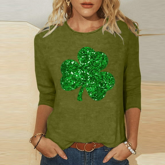 BLTIBY Womens St. Patrick's Day Sweatshirts 3/4 Sleeve Round Neck Irish Shamrock Lucky Shirt Clover Printed Tee Holiday Pullover Outwear Tops Army Green XXL