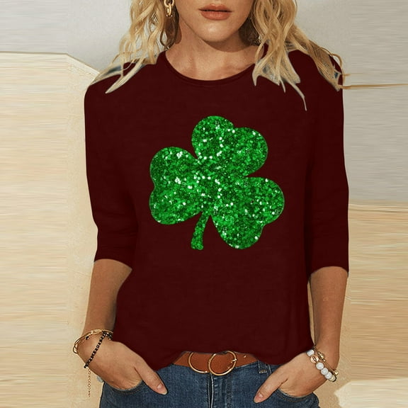 BLTIBY Womens St. Patrick's Day Sweatshirts 3/4 Sleeve Round Neck Irish Shamrock Lucky Shirt Clover Printed Tee Holiday Pullover Outwear Tops Wine 3XL