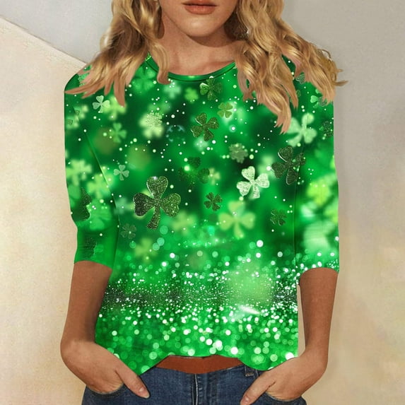 BLTIBY Womens St. Patrick's Day Sweatshirts 3/4 Sleeve Round Neck Lucky Shamrock Printed Irish Shirt Ireland Fashion Casual Pullover Top 2025 Green 8 3XL