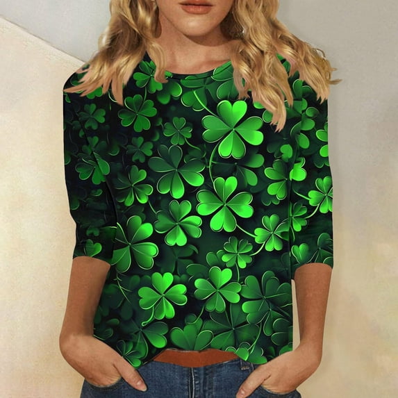 BLTIBY Womens St. Patrick's Day Sweatshirts 3/4 Sleeve Round Neck Lucky Shamrock Printed Irish Shirt Ireland Fashion Casual Pullover Top 2025 Green L