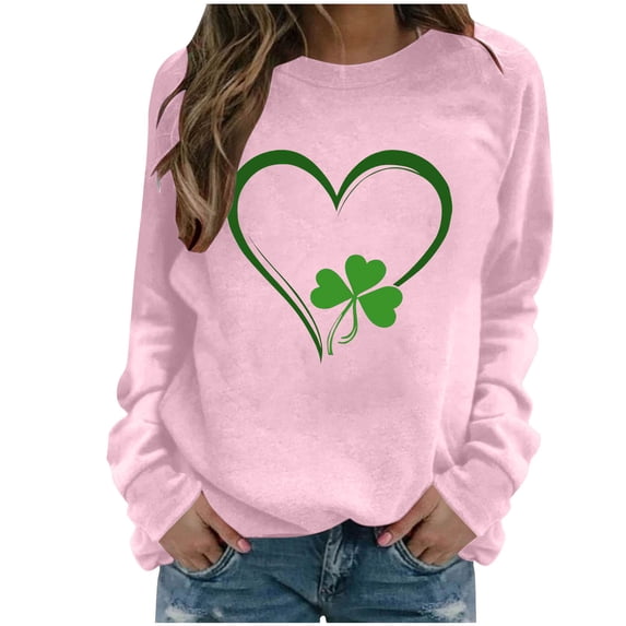 BLTIBY Womens St. Patrick's Day Sweatshirts Shamrock Clover Print Shirts Casual Irish Gift Long Sleeve Loose Fit Pullover Tops Pink S
