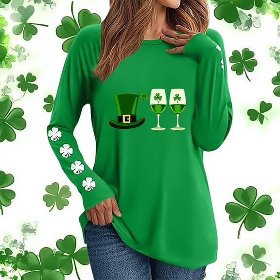 BLTIBY Womens St. Patrick's Day Sweatshirts Shamrock Clover Printed Long Sleeve Crew Neck Shirts Irish Gift Blouse Fashion Loose Casual Pullover Tops Green 3 M