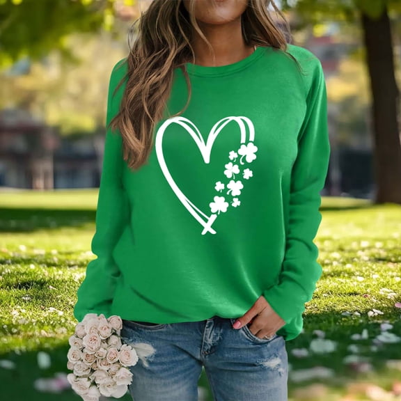 BLTIBY Womens St. Patrick's Day Sweatshirts Shamrock Clover Printed Long Sleeve Shirts Irish Gift Blouse Fashion Loose Casual Pullover Tops Green XXL