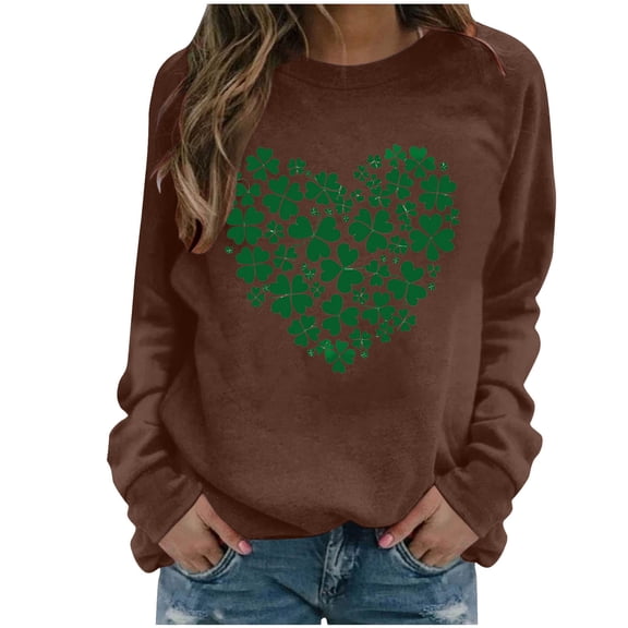 BLTIBY Womens St. Patrick's Day Sweatshirts Shamrock Clover Printed Shirts Casual Irish Gift Long Sleeve Blouse Loose Fit Pullover Top Brown XL