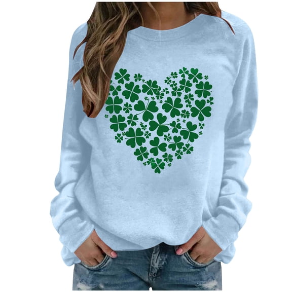 BLTIBY Womens St. Patrick's Day Sweatshirts Shamrock Clover Printed Shirts Casual Irish Gift Long Sleeve Blouse Loose Fit Pullover Top Light Blue S