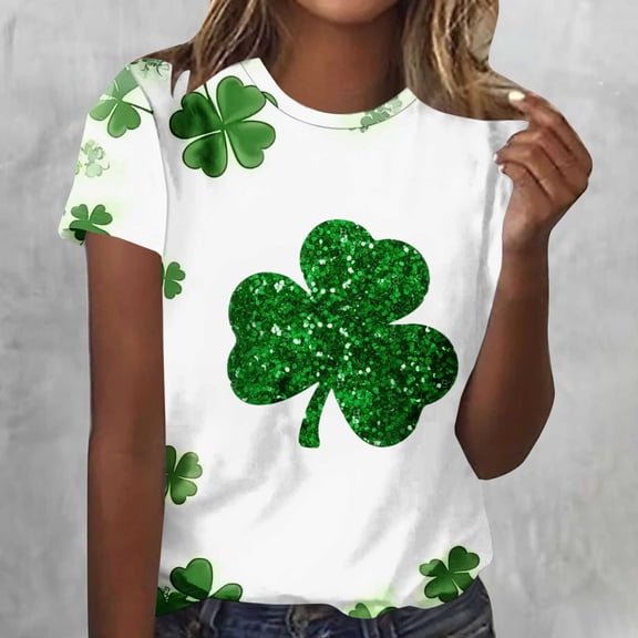 BLTIBY Womens St Patrick's Day T-Shirt Short Sleeve Crewneck Irish Clover Funny Holiday Lucky Graphic Blouse Fashion Casual Pullover Top White 2 S