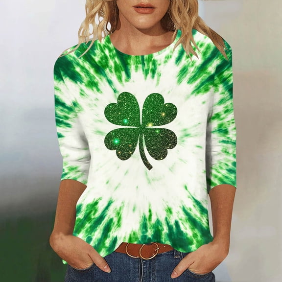 BLTIBY Womens St. Patrick's Day T-Shirts 3/4 Sleeve Round Neck Spring Shirts Print Tops Casual Fashion Pullover Blouse Multicolor 6 3XL