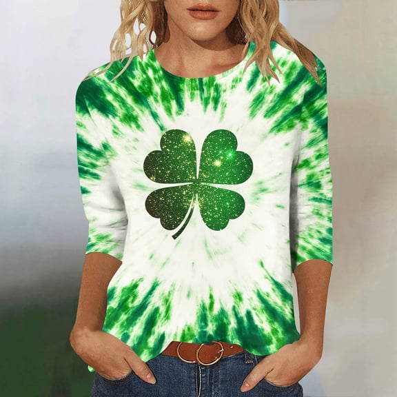 BLTIBY Womens St. Patrick's Day T-Shirts 3/4 Sleeve Round Neck Spring Shirts Print Tops Casual Fashion Pullover Blouse Multicolor 7 L