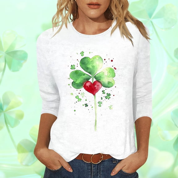 BLTIBY Womens St. Patrick's Day T-Shirts 3/4 Sleeve Round Neck Spring Shirts Print Tops Casual Fashion Pullover Blouse White XXL