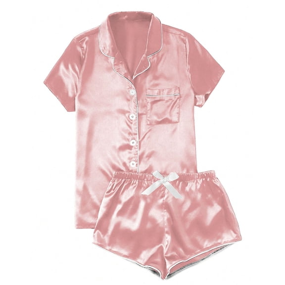 BLTIBY Womens Stain Pajama Sets Solid Color Lounge Short Sleeve Button Top and Shorts Fashion Comfortable Outfits with Pockets Pink S