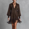thumbnail image 1 of BLTIBY Womens Suede Mini Dress Spring Long Puff Sleeve Deep V Neck Lapel Fringe Hem Loose Dresses Retro Western Party Casual Dress Coffee M, 1 of 8