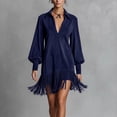thumbnail image 1 of BLTIBY Womens Suede Mini Dress Spring Long Puff Sleeve Deep V Neck Lapel Fringe Hem Loose Dresses Retro Western Party Casual Dress Navy L, 1 of 7