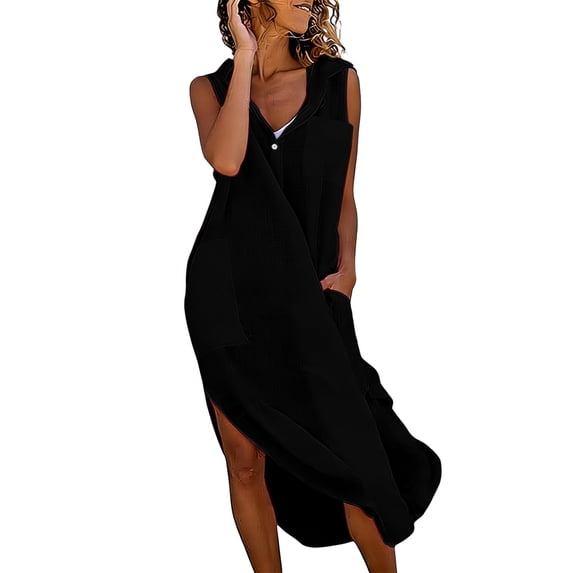 BLTIBY Womens Summer Beach Dress Linen Clothes Boho Casual Flowy Sleeveless Lapel Button Side Slit Maxi Dresses with Pocket Black M