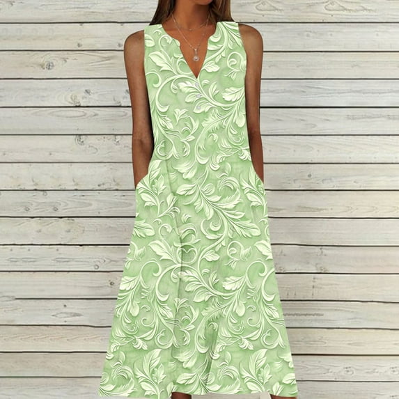 BLTIBY Womens Summer Casual Dress Floral Printed Elegant Dress Sleeveless V-Neck Fashion Long Dress with Pockets Multicolor 3 XXL