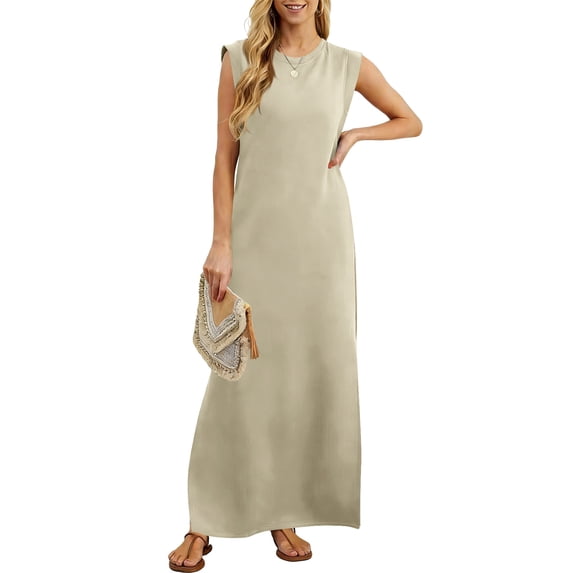 BLTIBY Womens Summer Casual Sleeveless Maxi Dress Crewneck Loose Split Wrinkle-Free Beach Travel Vacation Long Sundress with Pocket Khaki S