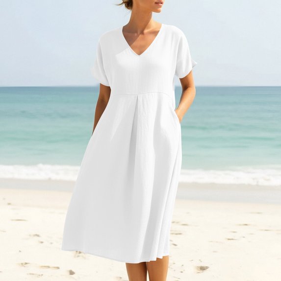 BLTIBY Womens Summer Cotton Linen Beach Dress Loose Casual Flowy Short Sleeve V Neck Midi Dresses with Pockets White XL